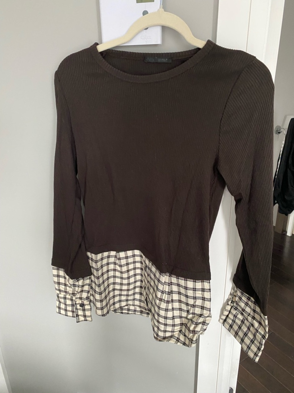 Zara Brown Ribbed Top with Plaid Hem - Women